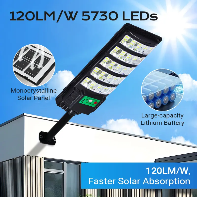 Upgraded Solar Street Light Outdoor 5730 SMD LED 120LM/W Super Bright Monocrystalline Panel LiFePO4 Battery IP65 Waterproof for Yard Garden Street Garage - Image 4