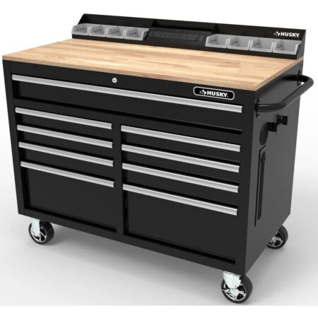 Drawer Gloss Black Deep Tool Chest Mobile Workbench with Hardwood Top and Power Station